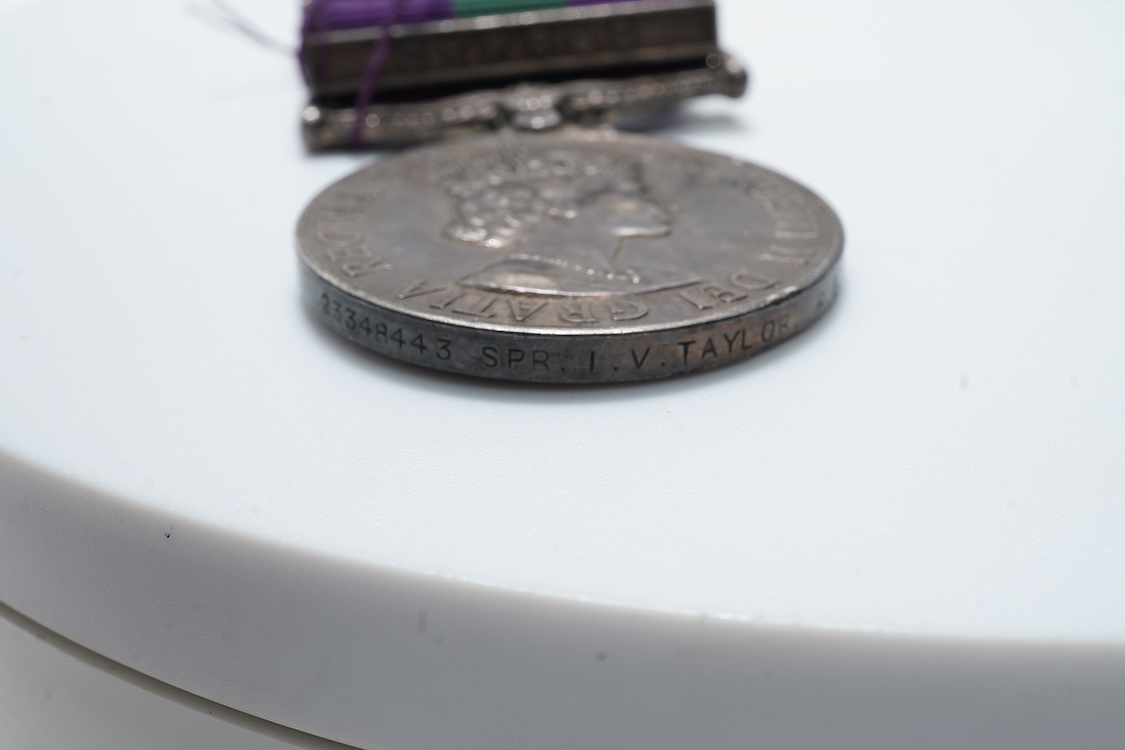 An Elizabeth II General Service medal with Cyprus Clasp awarded to 2334843 SPR I.V. Taylor R.E.